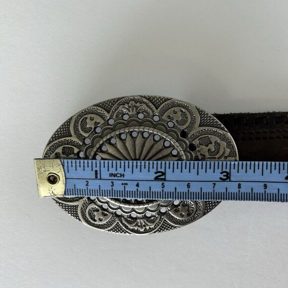 Fossil Womens Brown Embossed Leather Belt Medallion Buckle Size Medium 1.5” - Picture 11 of 11